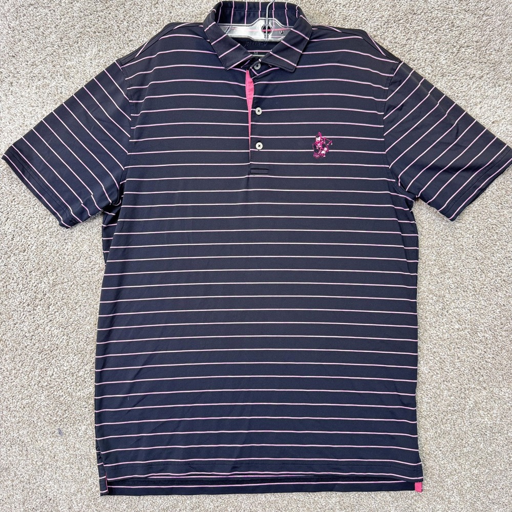 Johnnie-O Polo Shirt Mens M Striped Black Pink Bagpiper Logo EUC
